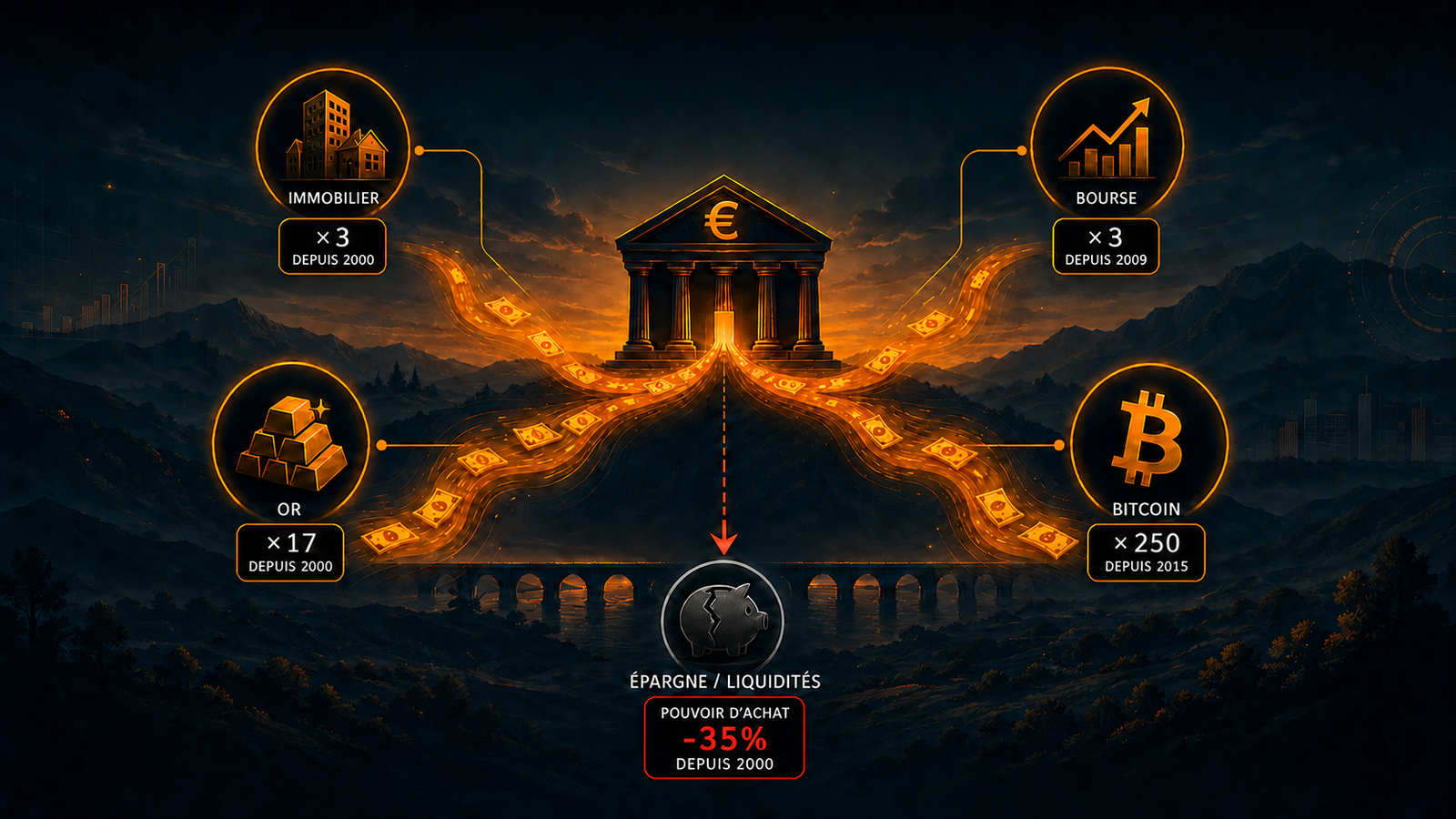 Où va l'argent créé par les banques ? Performance des actifs rares (immobilier, bourse, or ,Bitcoin) face à la perte de pouvoir d'achat de l'épargne