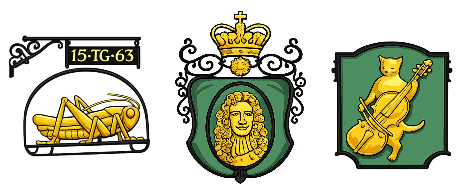 Enseignes d’orfèvres de Londres : sauterelle, portrait royal et chat violoncelliste